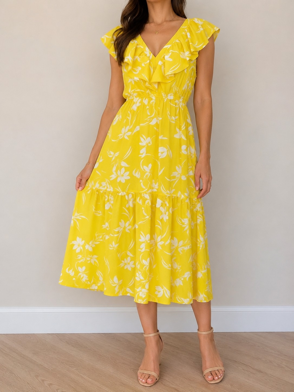 Banana Republic Petite Yellow Floral Ruffle Midi Dress MP